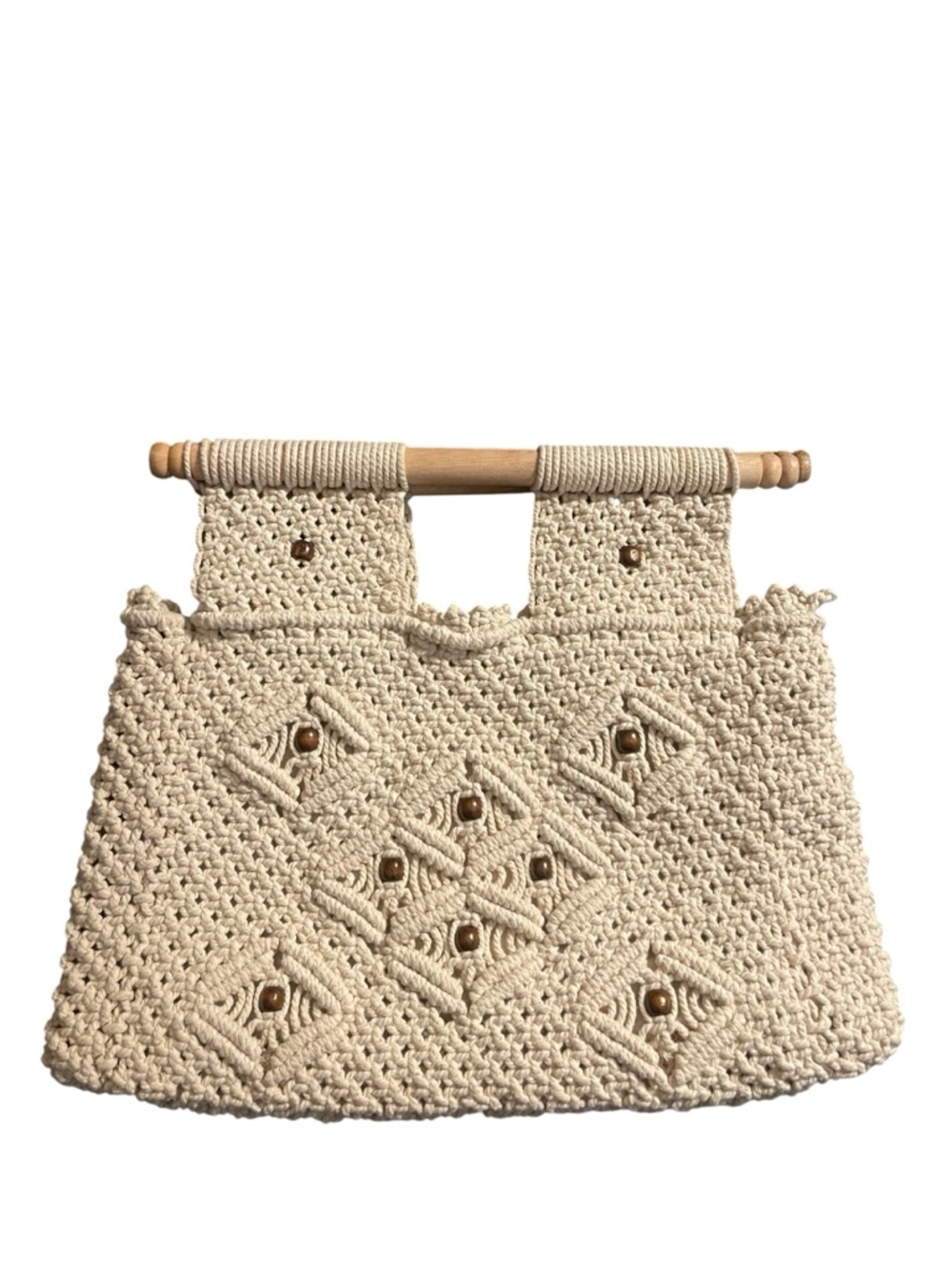 Virginia Wolf Macrame Tote Bag Natural Wood Handle Coastal Boho Beach Purse - Picture 7 of 7